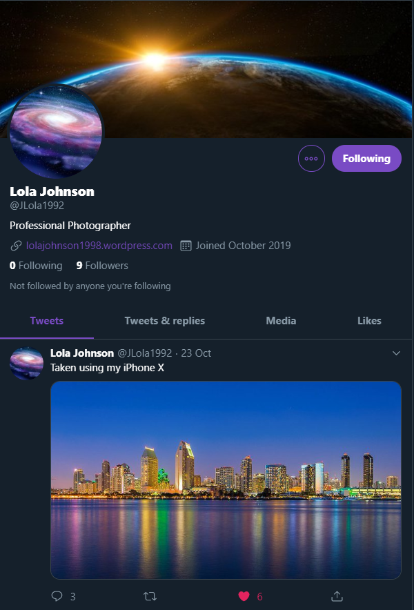 Her twitter page with one, lonely tweet