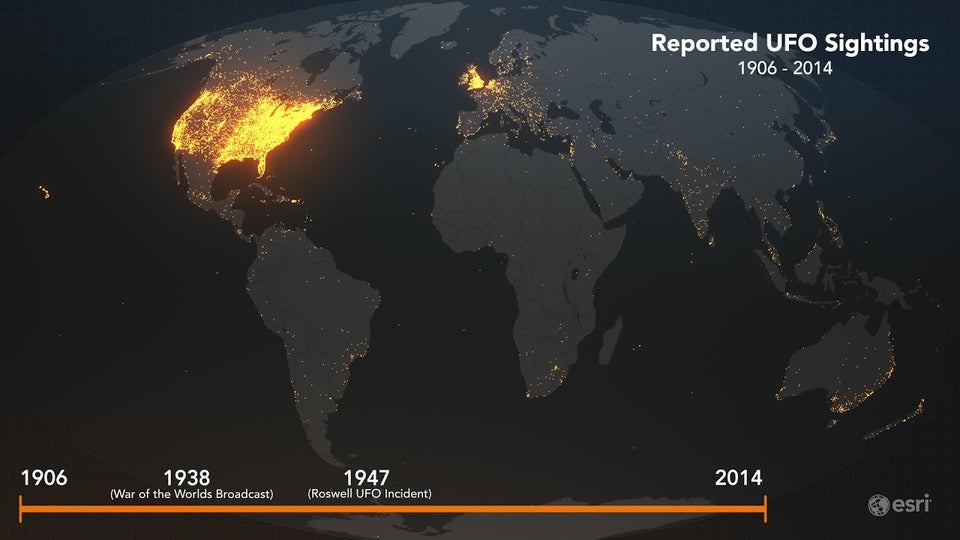 Heat map of Worldwide UFO Sightings between 1906 and 2014