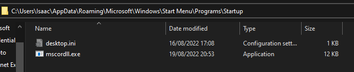 The file in the StartUp directory, as seen in the file explorer