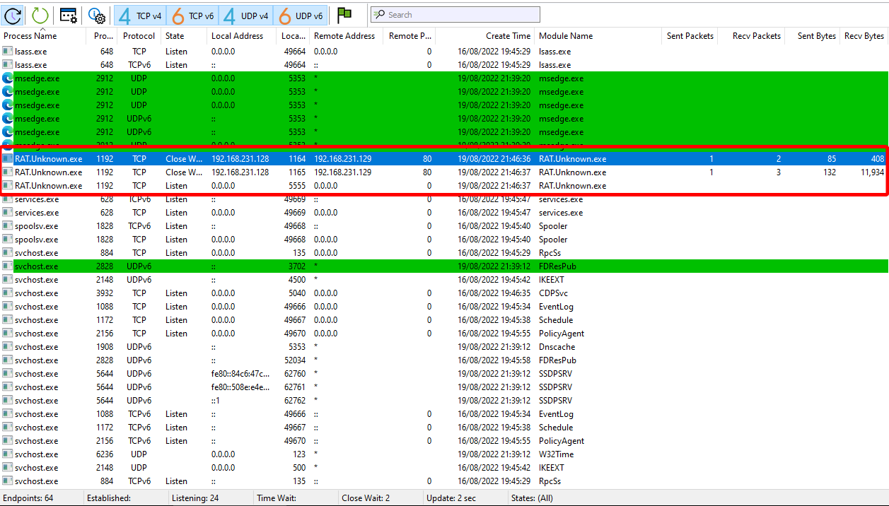 Rat.Unknown.exe in TCP View shortly after being detonated