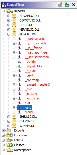 The symbol tree, with rand (inside imports) highlighted