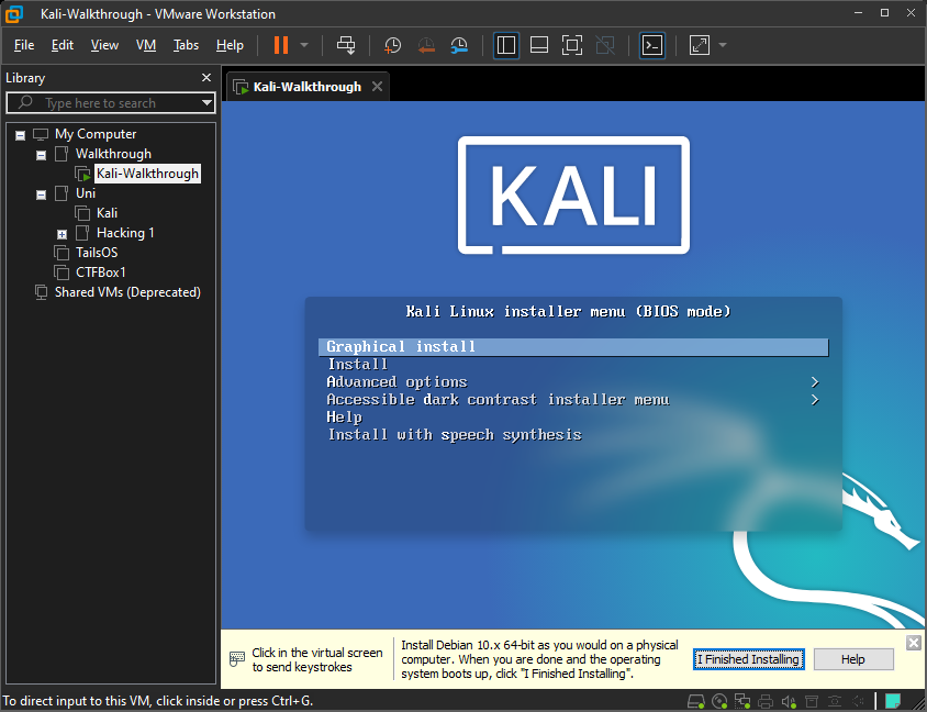 Kali Linux Installer (BIOS mode) in VMWare Workstation