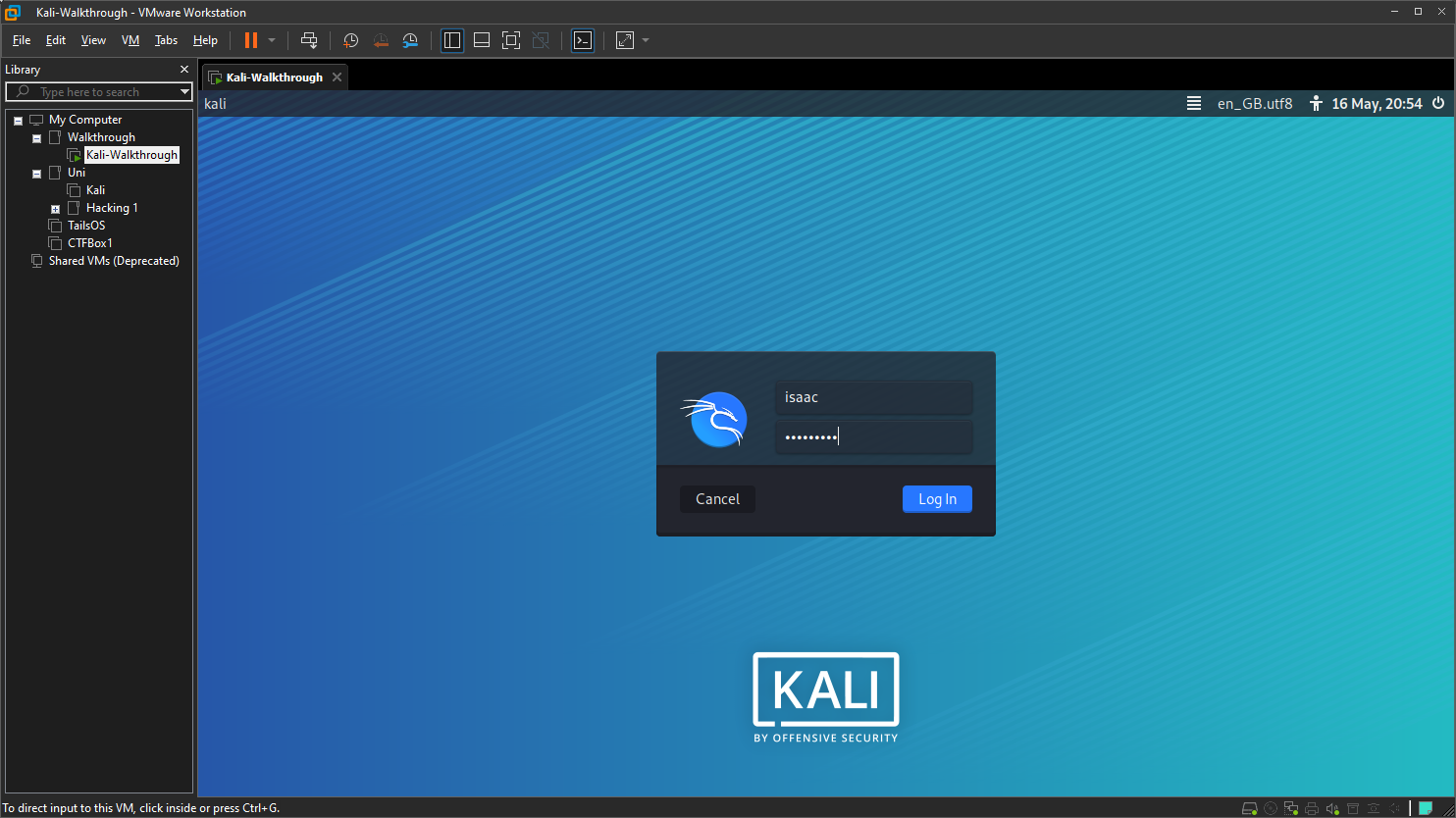 Kali Linux login screen in VM