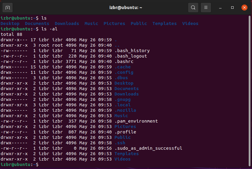 ls and ls -al demonstrated in a stock home directory in Ubuntu