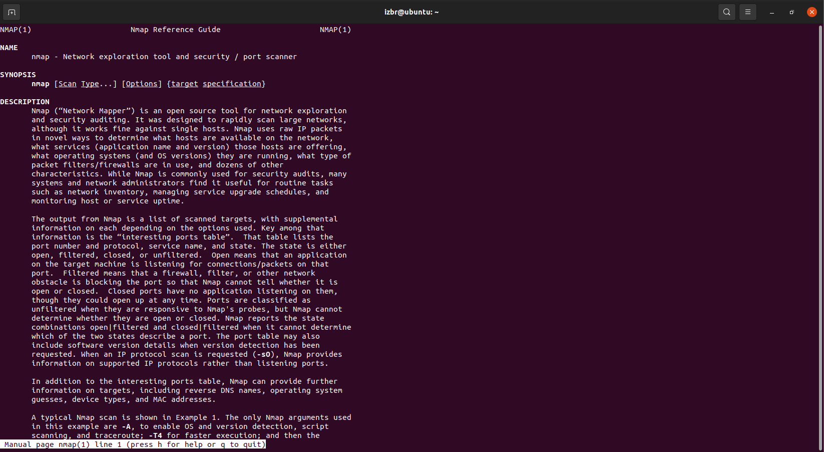 the nmap man page in a stock Ubuntu terminal