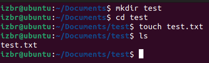 making a new directory called "test", cd'ing into it, and making a file called "test.txt"