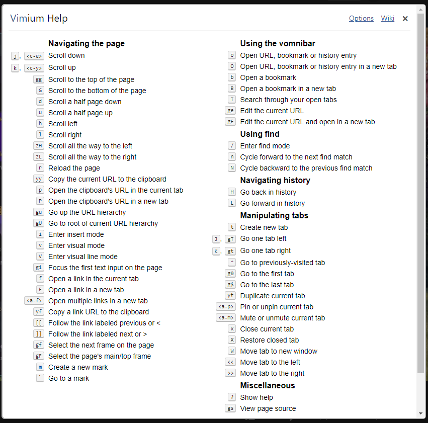 the advanced list of commands for Vimium