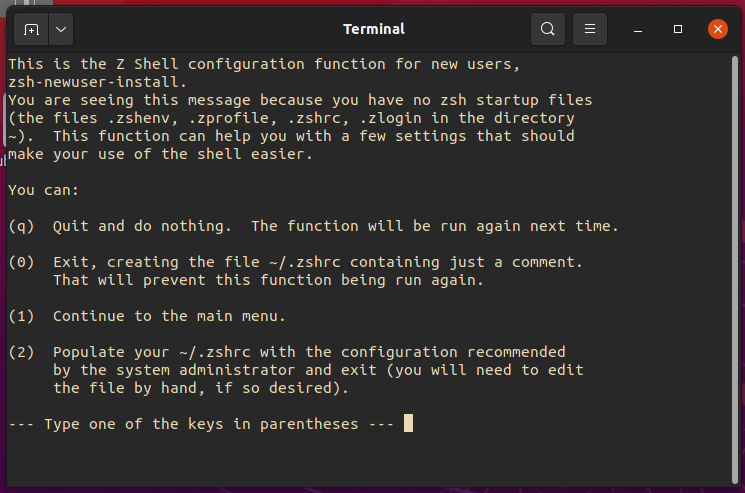 The first screen of the Zsh configuration menu after a reboot