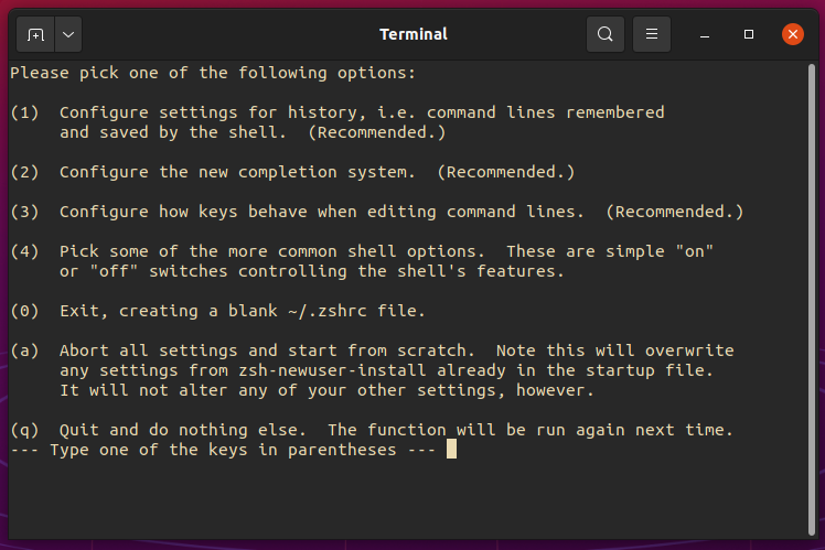 The Zsh config main menu