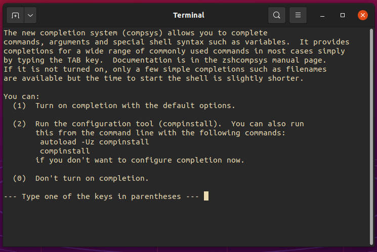 The compsys config page that allows you to choose whether to turn on completion or not